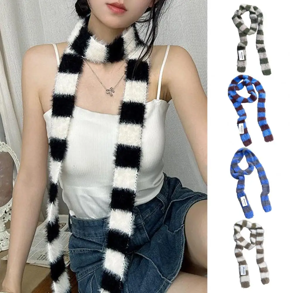 Korean Casual Knitted Patch Striped Thin Scarf with Female Concave Design Decoration Narrow Scarf Spicy Girl Small Scarf