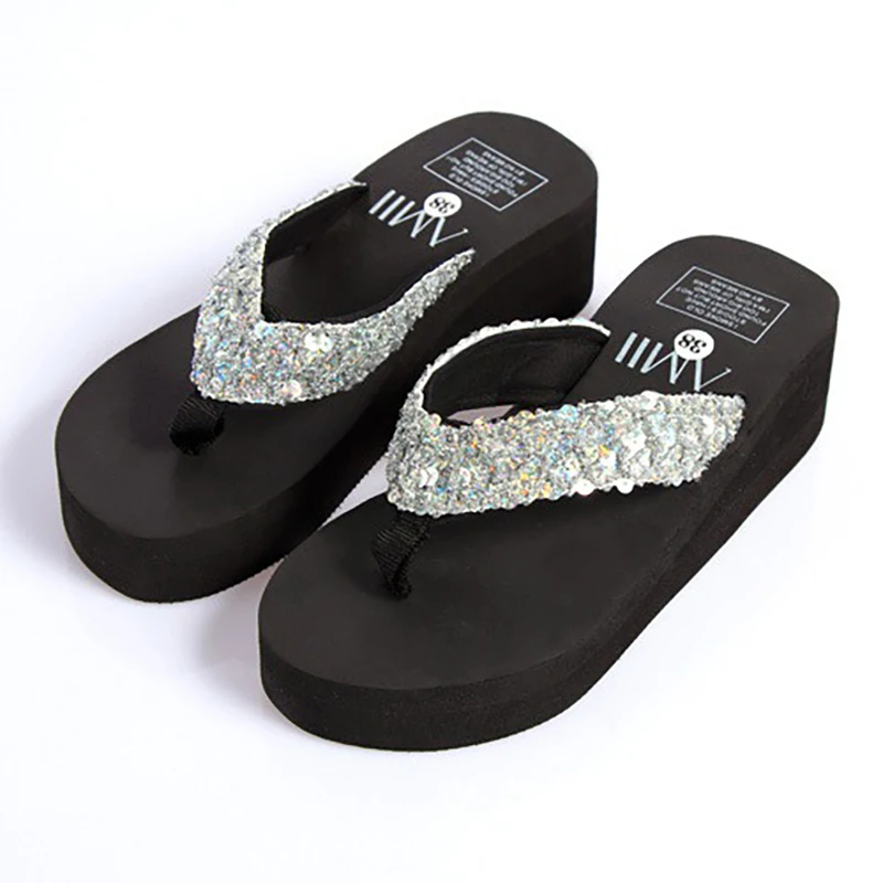 Cool in the summer of  fashion slippers high platform with sponge antiskid slippers with sequins wedges beach flip-flops