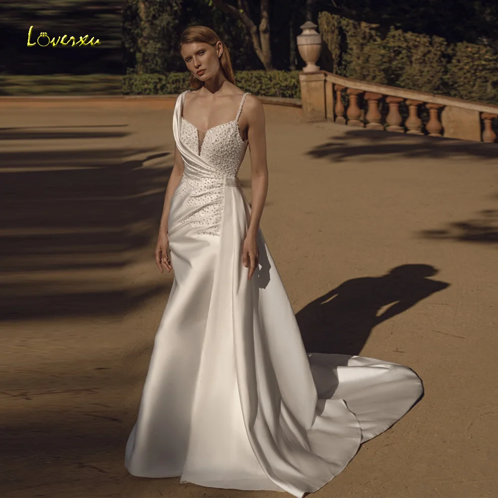 Loverxu Mermaid Satin Wedding Dresses Sweetheart Sleeveless Vestido De Novia Lace Bead Detachable Train Custom Made Bridal Gown