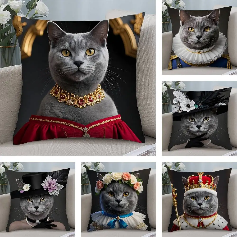 Renaissance Royal Russian Blue cat Pillow Case Square Double‑Sided Print Cushion Case For Sofa Home Bedchamber Decor Gift