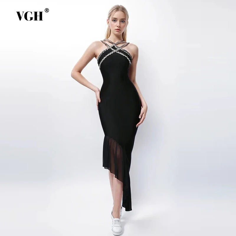 

VGH Solid Patchwork Diamonds Temperament Dresses For Women V Neck Sleeveless High Waist Backless Slimming Dress Female Style New