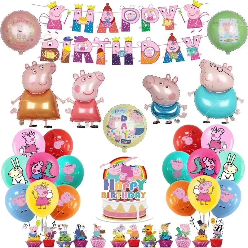 Peppa Pig Balloons Family Pink George Rebecca Susy Ballons Happy Birthday Banner Party Decoration Kids Cake Topper Tableware Toy