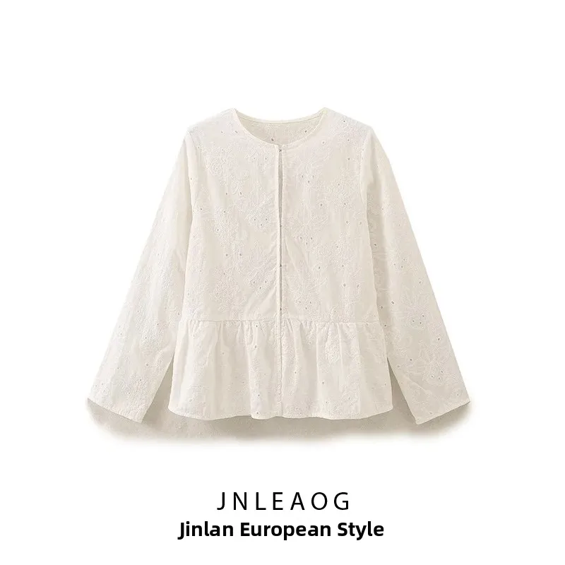 JNLEAOG 秋の新作 レディース カジュアル 刺繍入り ショートスカート シャツ 多用途デザイン ポリエステル繊維 長袖 丸首 ガールズ