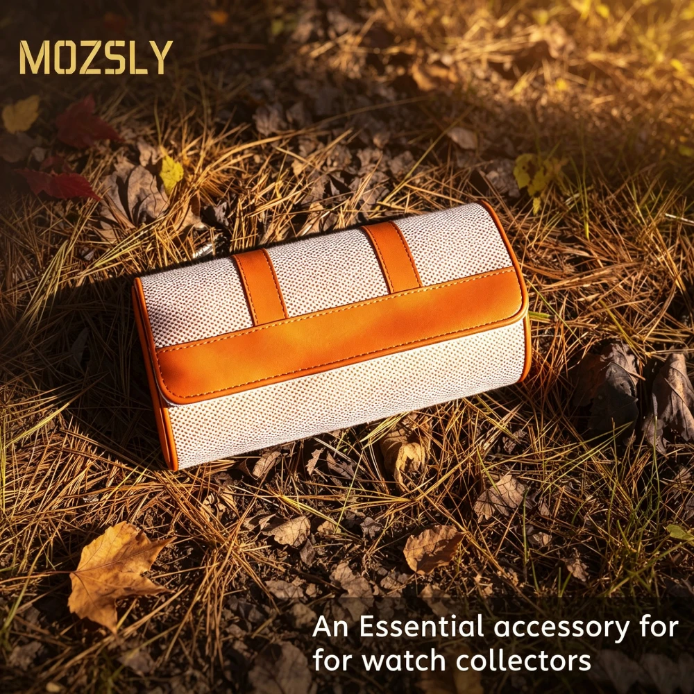 Mozsly Luxury Woven Pu Leather Watch Roll, 3-Slot Travel Storage Case with Soft Velvet Interior Portable Watch Organizer for Men