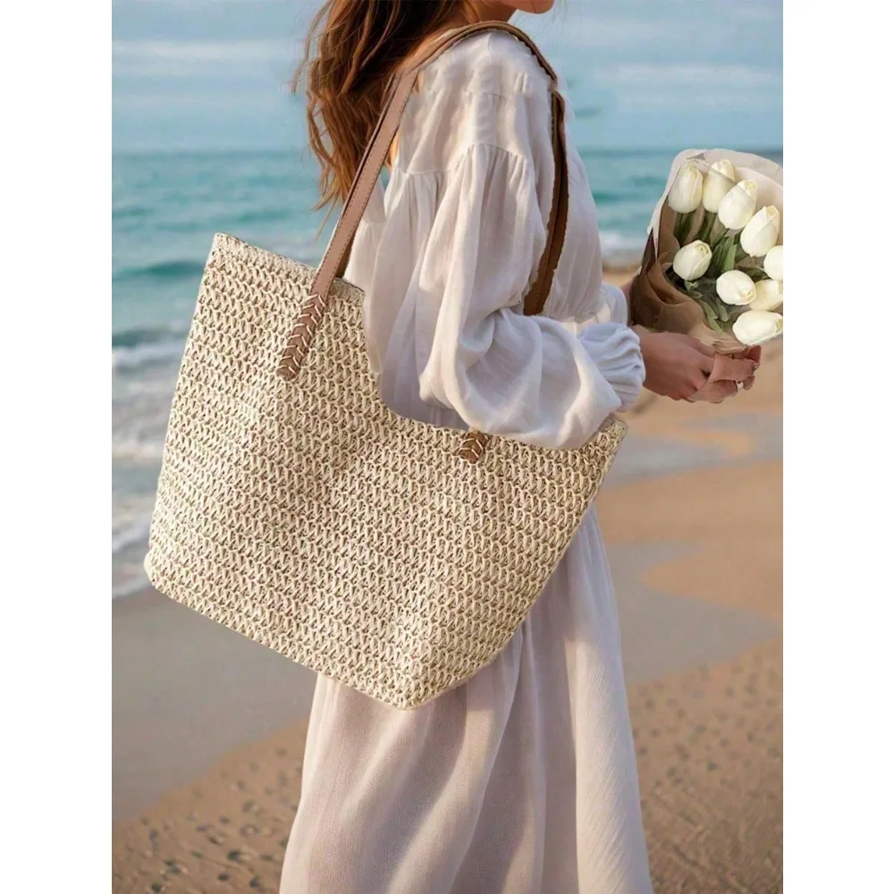 

Summer Straw Beach Tote Bag, Large Capacity Handbag, Casual Multi-Pocket Purse For Women, Suitable For Dresses, For Shopping, Travel, Storage, Woven Beach Bag, Women's Summer Straw Beach Bag, The Hottest Women Beach Bag