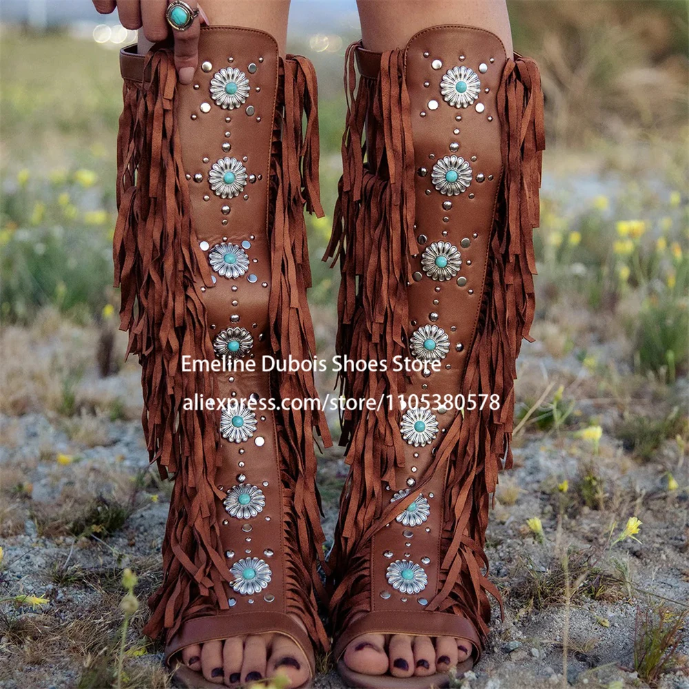 

Tassel Gem Flat Heel Knee High Boots Open Toe Sexy Metal Ornament Western Cowboy Retro Long Casual Boots Catwalk Stage Boots