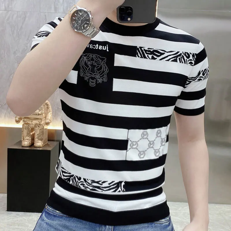 2023 Summer New European Tiger Head Print Round Neck Ice Silk Knitted Short Sleeve European Station Men\'s Casual Stripe Top