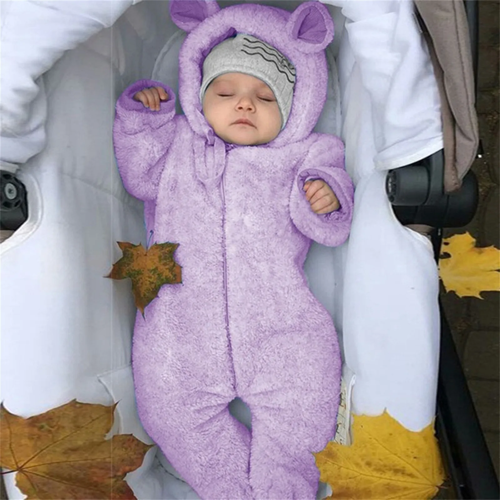 Thickened Winter Baby Blanket Newborn Outdoor Infant Baby Girl Boy Bear Ears Footed Hooded Romper Fleece Jumpsuit Coat