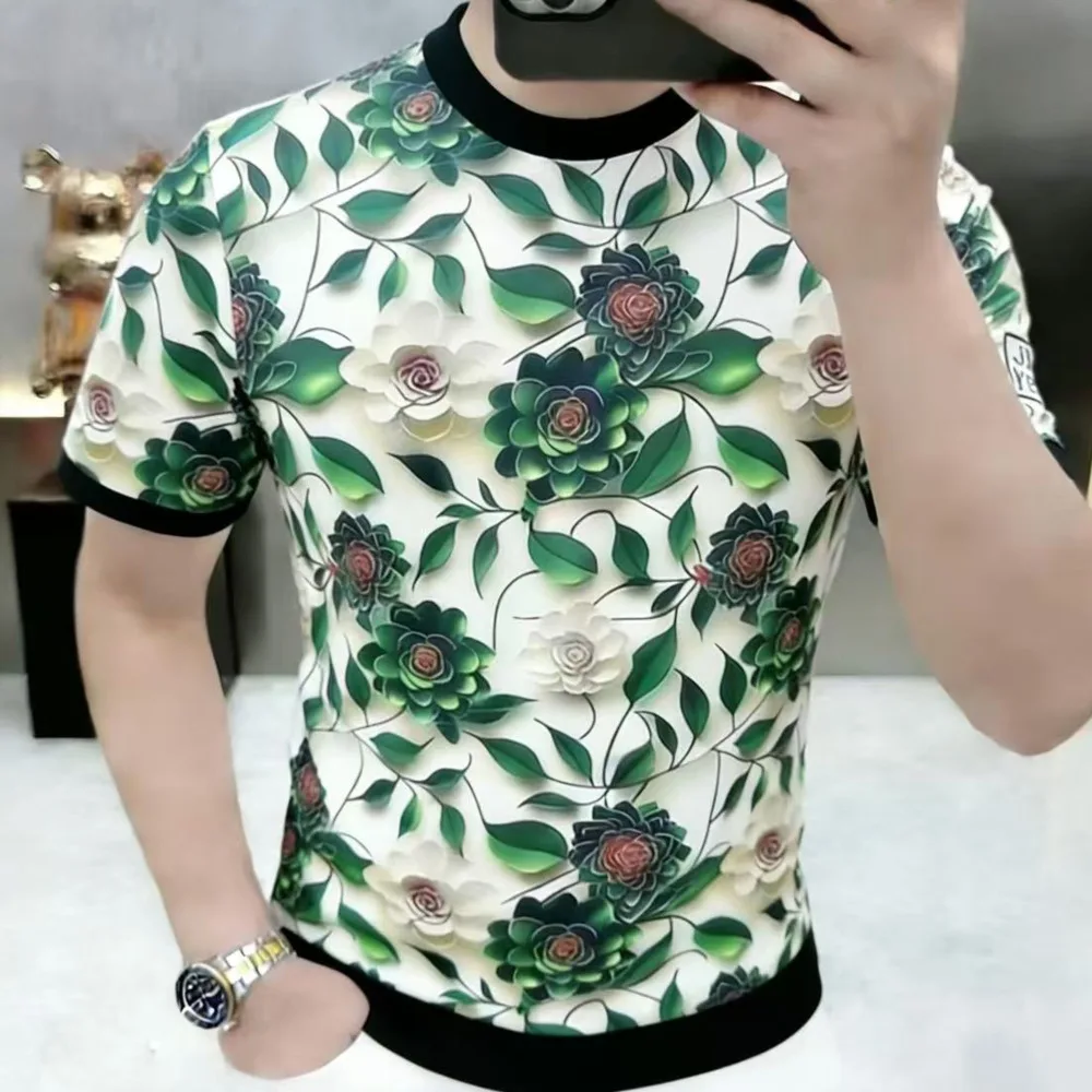 Personality Retro Comfortable Tee Social Club Outfits Short Sleeved Tee Shirt Homme Summer Flower Pattern Print Men Tees Men