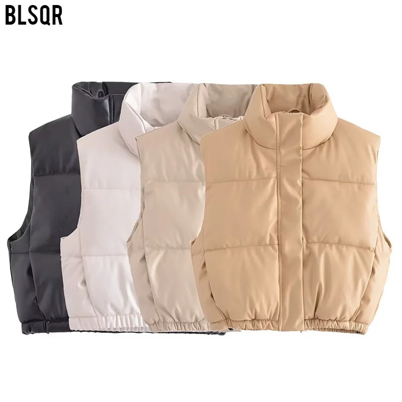 

Y2kins Stand Collar PU Leather Cotton 2025 Spring And Autumn New Solid Color Vest For Women A764519