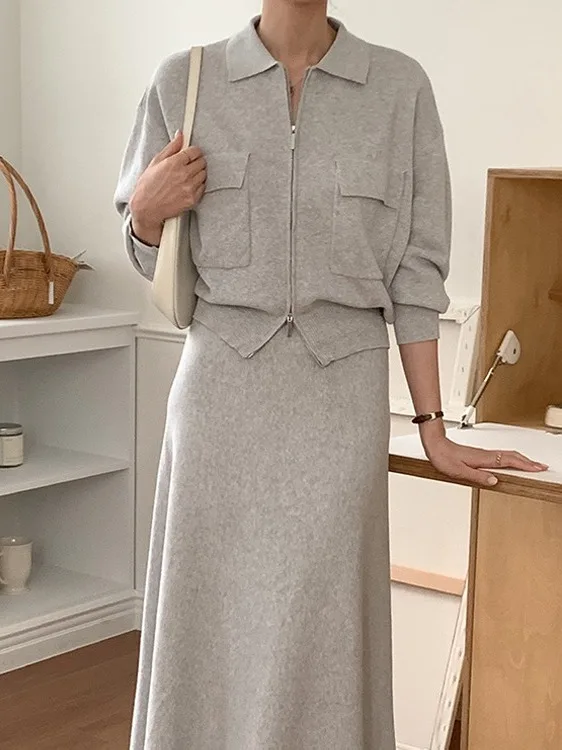 한국 슬레 여성 패션 니트 스웨터와 하이웨이스트 스커트 투피스 세트 시크한 가을 의류