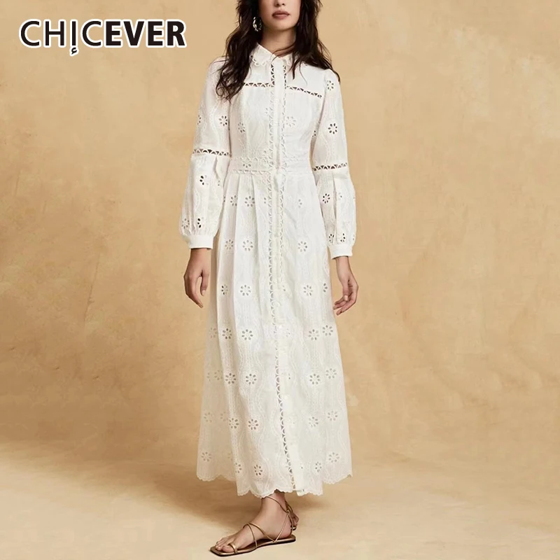 CHICEVER-Vestidos largos lisos y elegantes para mujer, vestido camisero bordado con solapa y manga acampanada, ropa femenina nueva