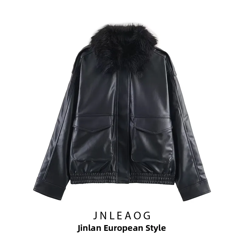 JNLEAOG Autumn New Women's Faux Leather Collar Jacket Detachable Effect Outerwear Business Style Long Sleeve Polyester Fiber