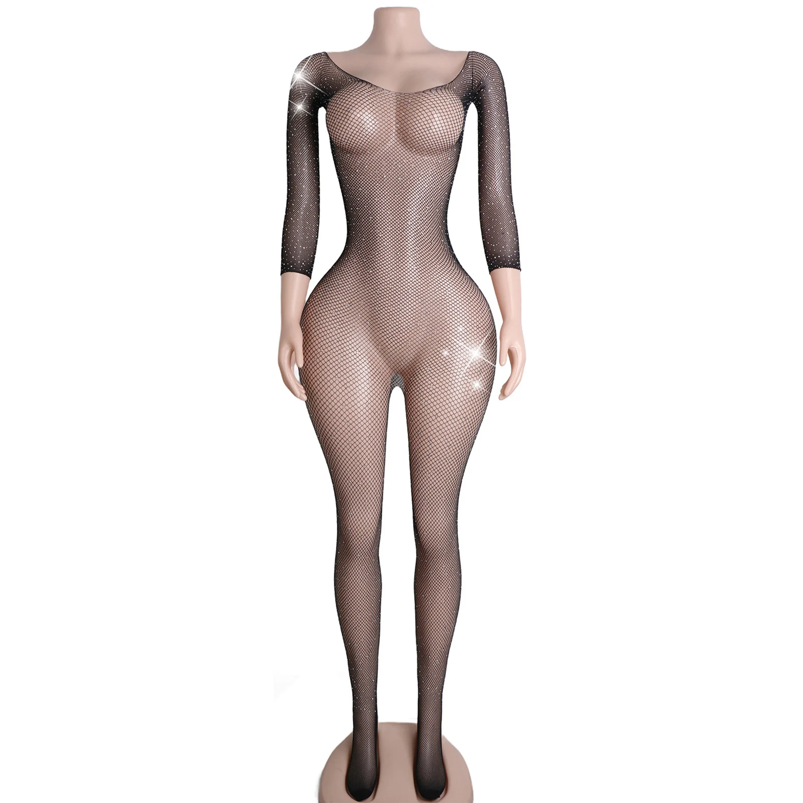 

Rhinestone Fishnet Bodysuit Dancewear Performance Club Lingerie Thong Stripper Outfit Sexy Nightwear for Women