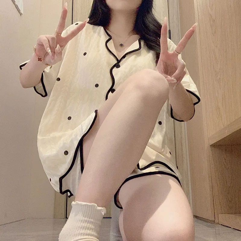 

Korean Cotton Pajamas Set for Women Summer Loungewear Sleepwear Girls Sweet Lapel Cute Bear Printed Pijamas Japanese Home Suit