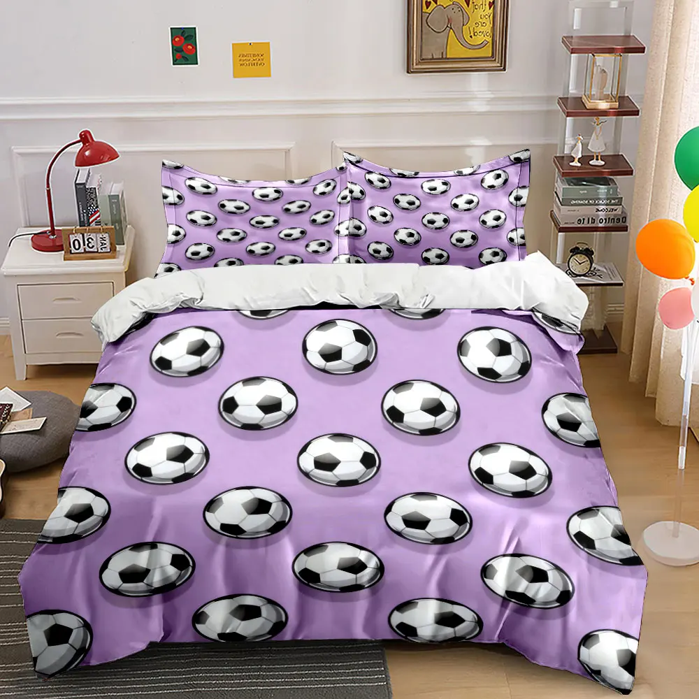 Purple Background Simple Soccer Ball Pattern 3PCS Bedding Set Soft Microfiber Duvet cover Pillowcase Set for Kids Room Decor