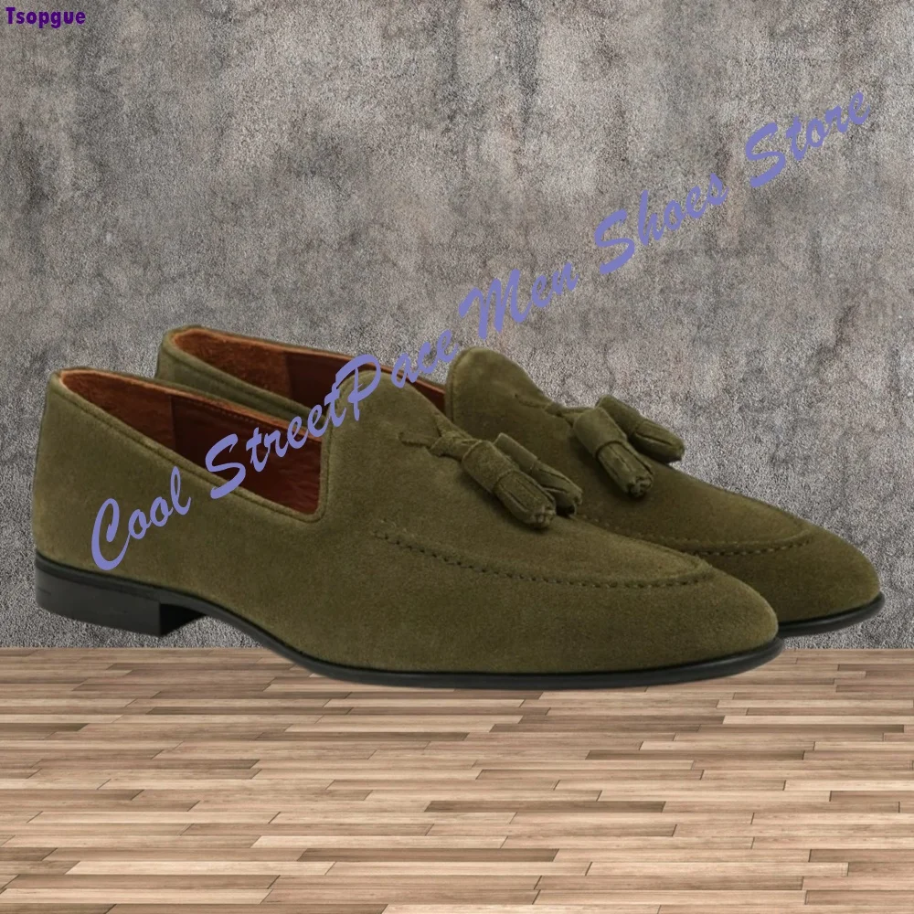 Men Tassel Suede Slip On Loafers Vintage Green Color British Low Heel Formal Business Daily Casual Dress Shoes Fashion Footwear