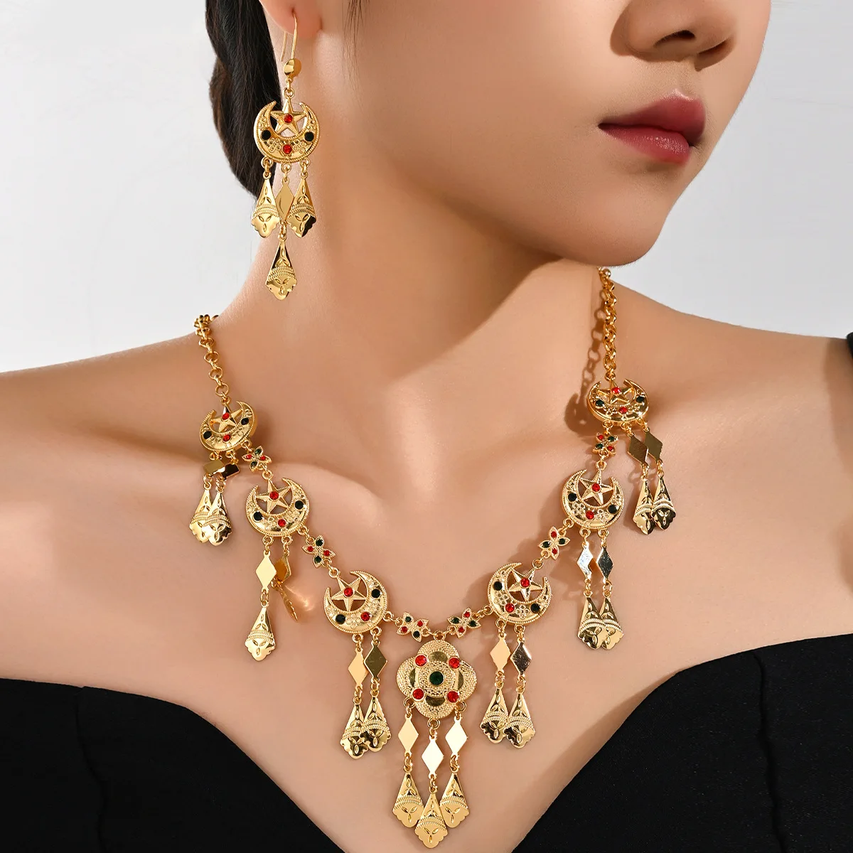9999 Gold Arabian Star and Moon Necklace Earrings Set - Ethnic Style Women's Jewelry Luxury Accessories
