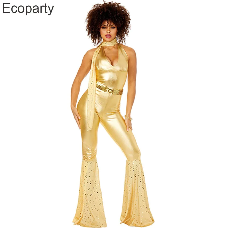 Halloween Purim Hippie Kostuum Voor Vrouw Goud Vintage Jaren 70 Disco Podium Performance Dance Jumpsuit Vrouwen Hippies Cosplay Outfits