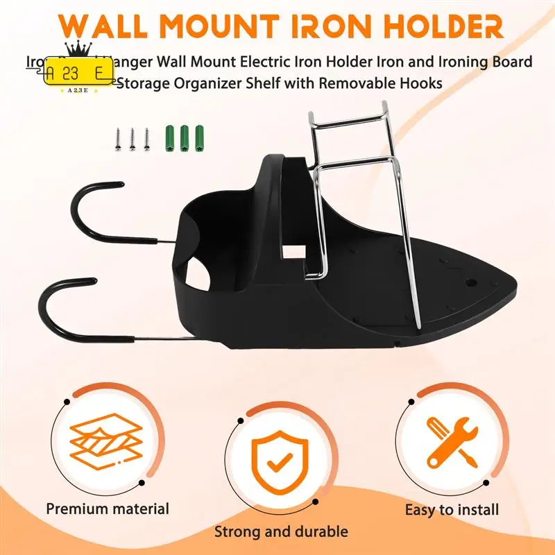 

A23E-Iron Board Hanger Wall Mount Electric Iron Holder Iron And Ironing Board Storage Organizer Shelf With Removable Hooks