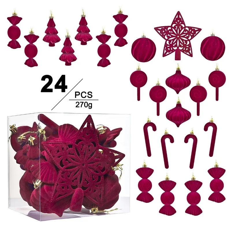 24PCS Flocking Christmas Balls Special-shaped Luxury Xmas Decorative Hanging Ornaments Party Christmas Spheres Pendant 2025 New