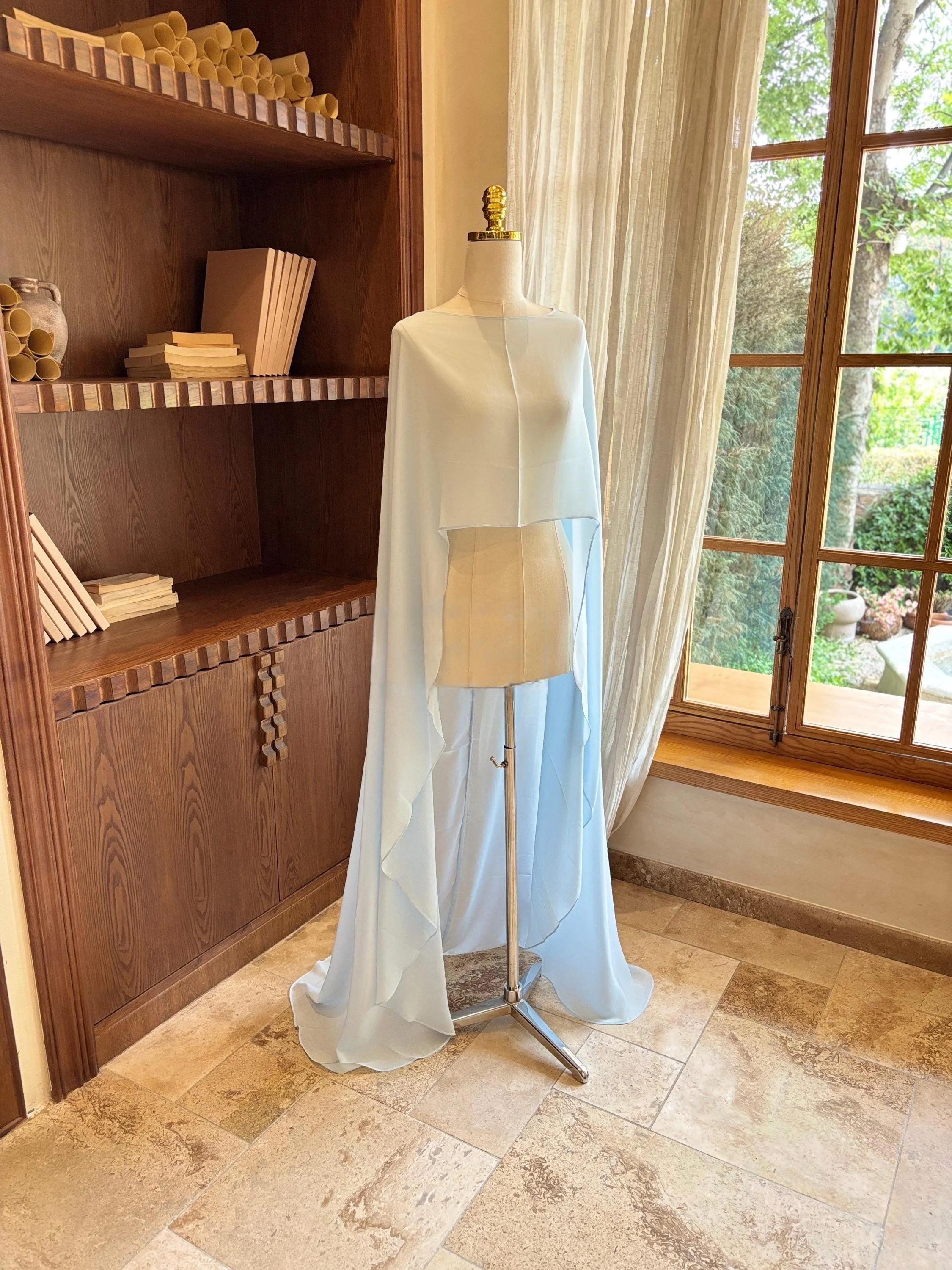 Light Blue Chiffon Bridal Cape Lightweight Breezy Romantic Wedding Cape Minimalist Modern Bridal Cover-up Beach Wedding Cape
