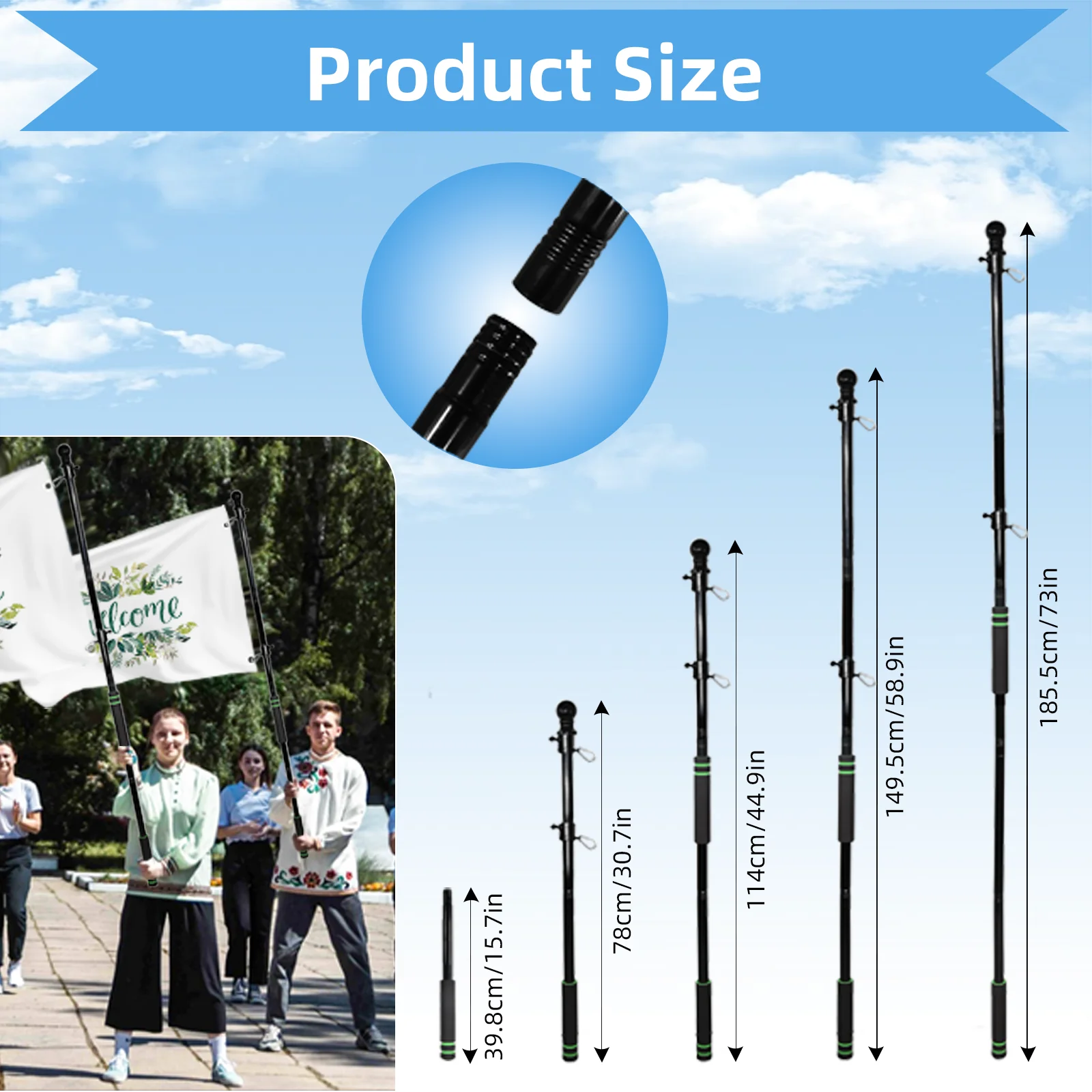 Handheld Flagpole 185.5cm Suitable for Outdoor 3x5 Flags , Handheld Black Flag Kit for Outdoor Porch Residential Decoration view 6