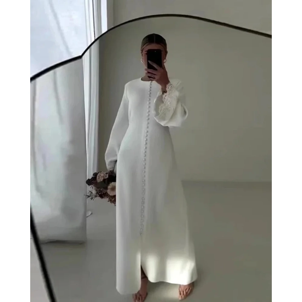 Vestidos de novia sencillos para mujer, personalizados, cuello redondo, encaje, manga larga, botones con hendidura, línea A, largo hasta el suelo, 2026