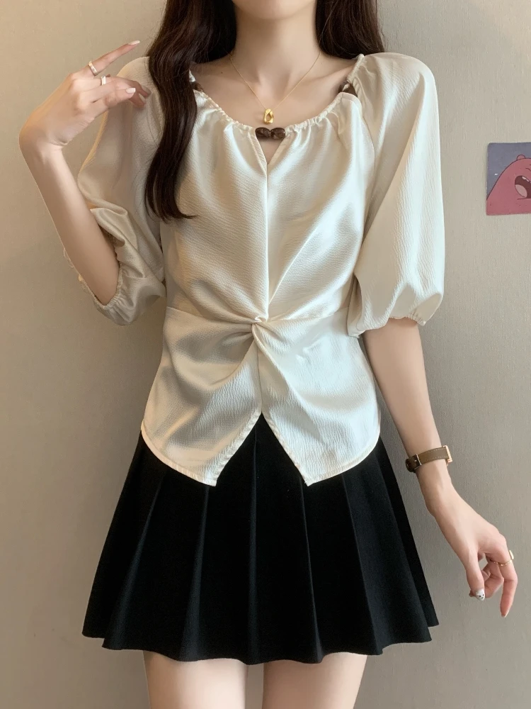 Design Sensation Pleated Short Sleeve Satin Shirt Women Summer Fashion plus Size Conceal Belly Short Style Top Korean Style