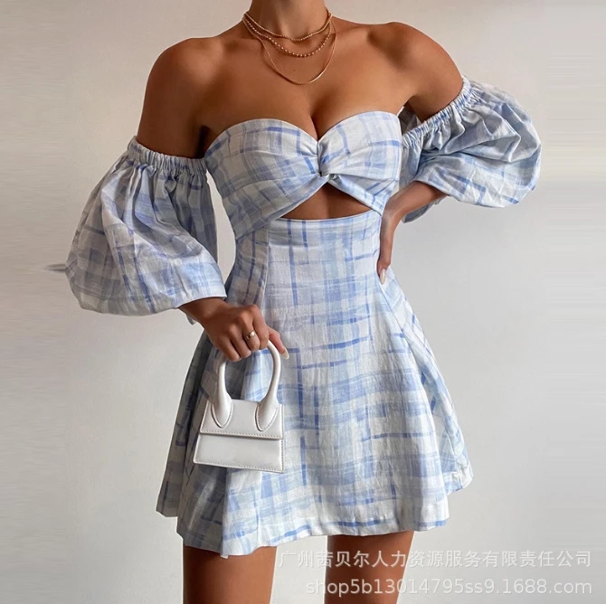 

Womens Dresses 2024 Summer Fashion Blue Plaid Printed Strapless Hollow Out Casual Flared Sleeves Daily A-Line Mini Dress