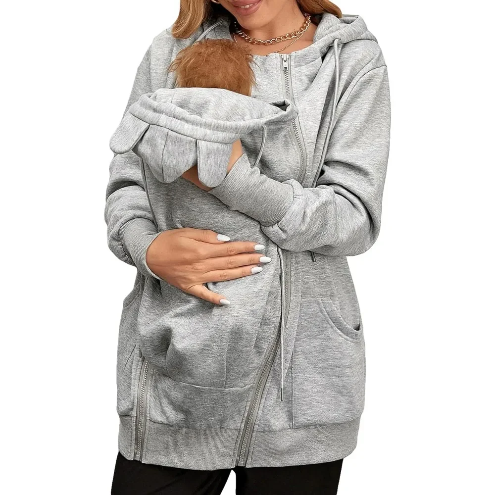 3 in 1 Women\'s Maternity Zip Up Sweatshirt Babywearing Carrier Hoodie Drop Shoulder Drawstring Nurse Hoodies Maternity Kangaroo