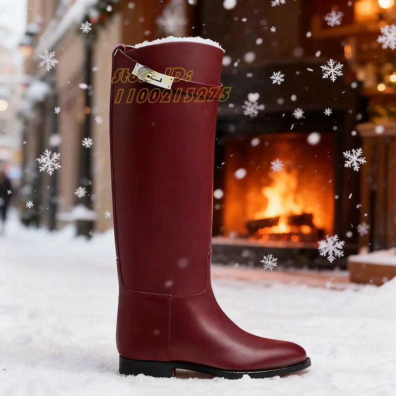 

Burgundy Leather Knee High Boots Low Heel Round Toe Slip On Buckle Strap Hot Sale 2026 Winter Autumn New Arrivals Dress Shoes