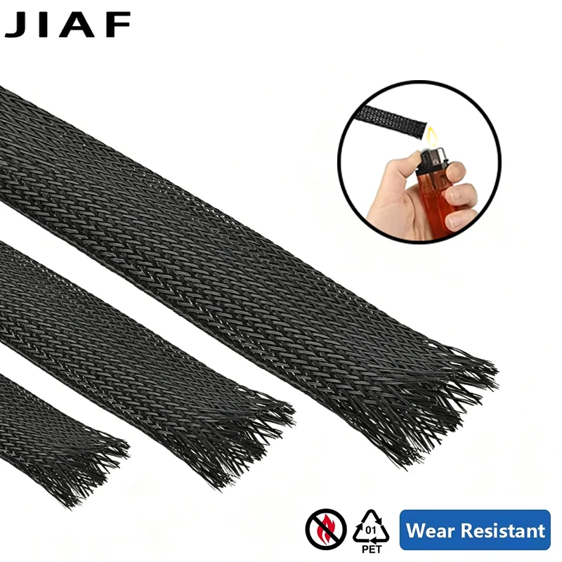 Black PET Nylon Expandable Braided Sleeve Flame Retardant Insulated Cable Wire Protection Sleeve 4/6/8/10/12mm 1/5/10M