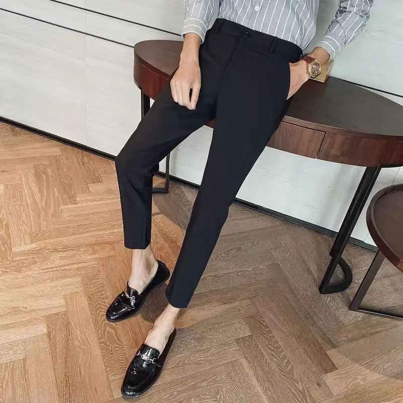 비즈니스 슬림핏 스트레이트 남성 9부 크롭 수트 팬츠 포멀 원단 스타일리쉬 빈티지 한국 리뷰 많음 신상 남성 수트 바지
