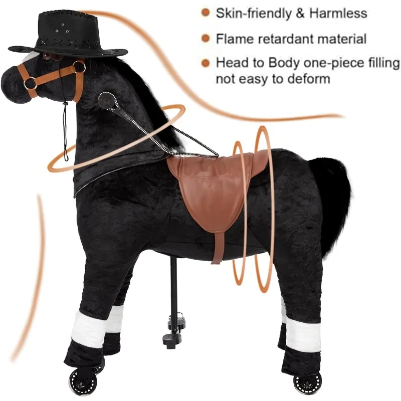 Passeio de cavalo para crianças com rédeas e chapéu de cowboy (altura de 35,43 '') Passeio de cavalo de pelúcia animal andando, carga máxima 165LBS