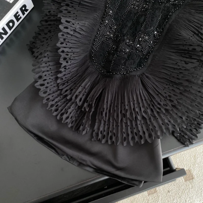 2025, verano, europeo, ropa, satén, blusa, elegante, sexy, soporte, patchwork, brillante, rebordear, 3D, volantes, mujer, sin mangas, jersey, tops, 555