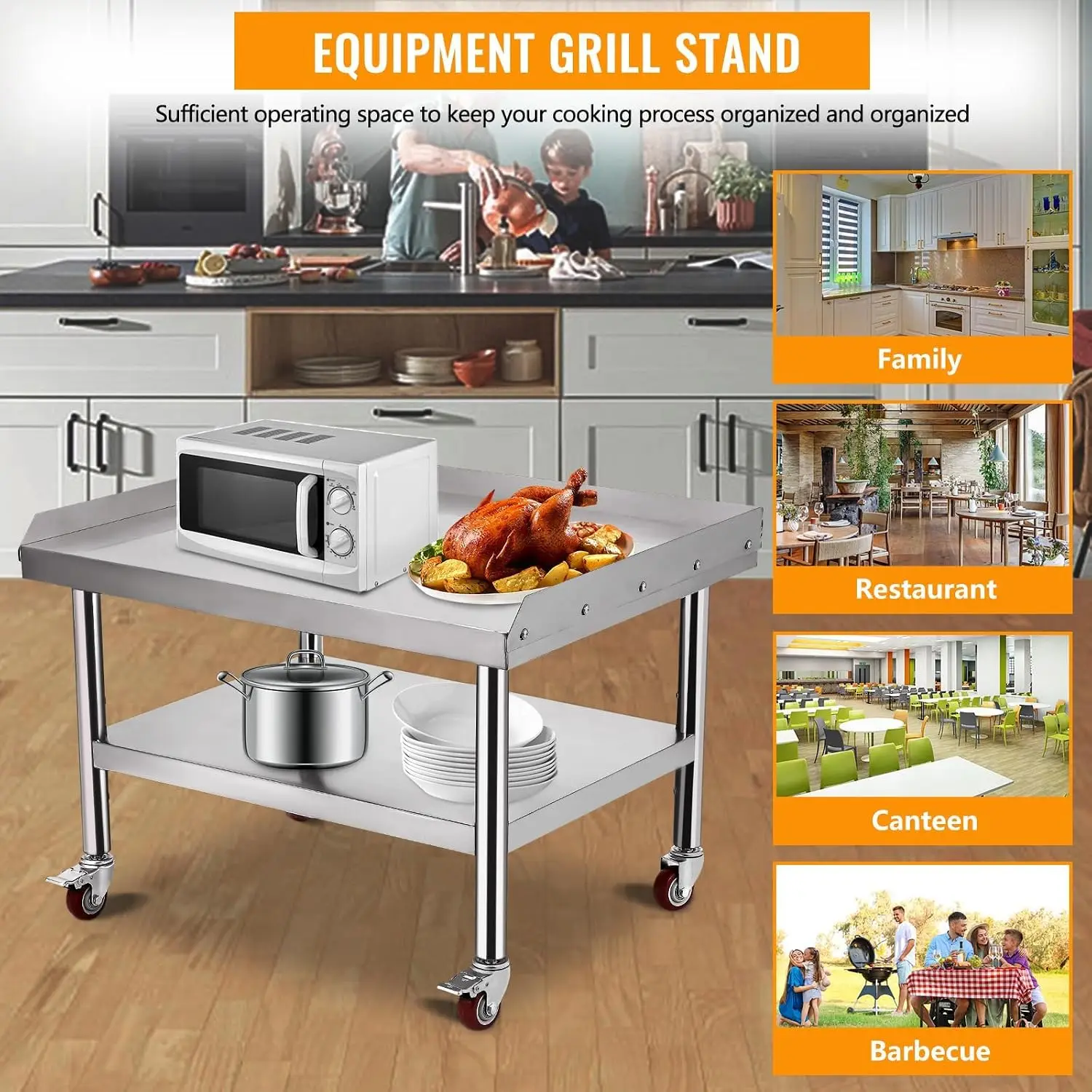 Tacleekii 36in 48in Stainless Steel Work Table with Casters Equipment Grill Stand Table with Wheels Adjustable Shelf & Legs Commercial Grill Prep Station for Kitchen Restaurant BBQ