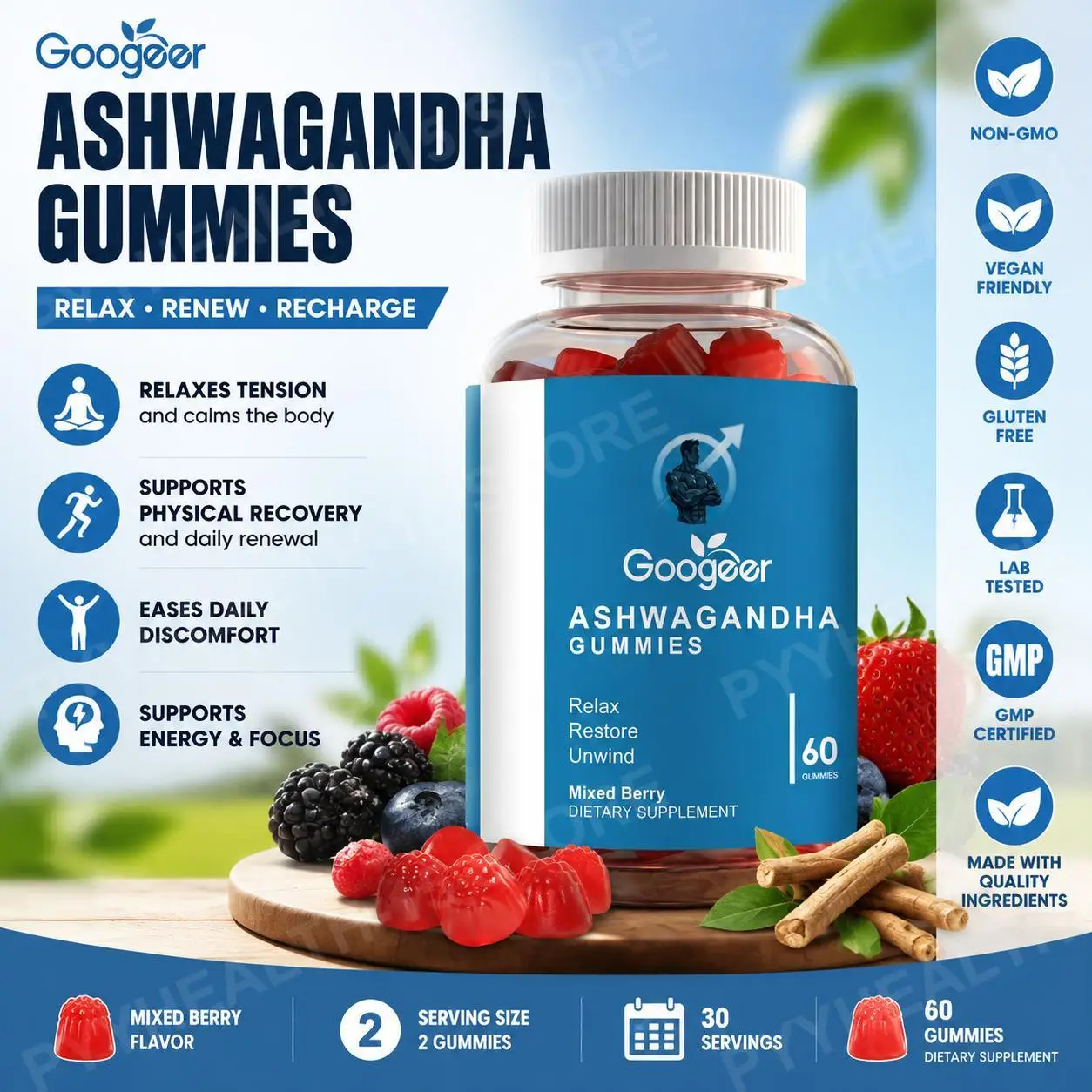 Ashwagandha Gummies with Vitamin C B6 D2 Mixed Berry Flavor Pectin Soft Chews Daily Botanical Wellness Support Adults 60 Count