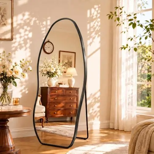 Irregular Full Length Mirror -Black Decor Floor Mirror with Stand 63