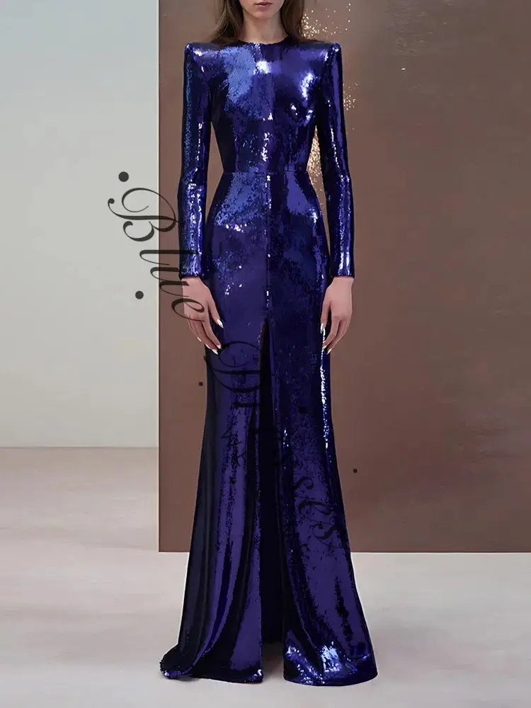 

Женское синее платье с длинными рукавами и пайетками по индивидуальному заказу, элегантное вечернее платье длиной до пола, блестящее вечернее платье в шикарном стиле