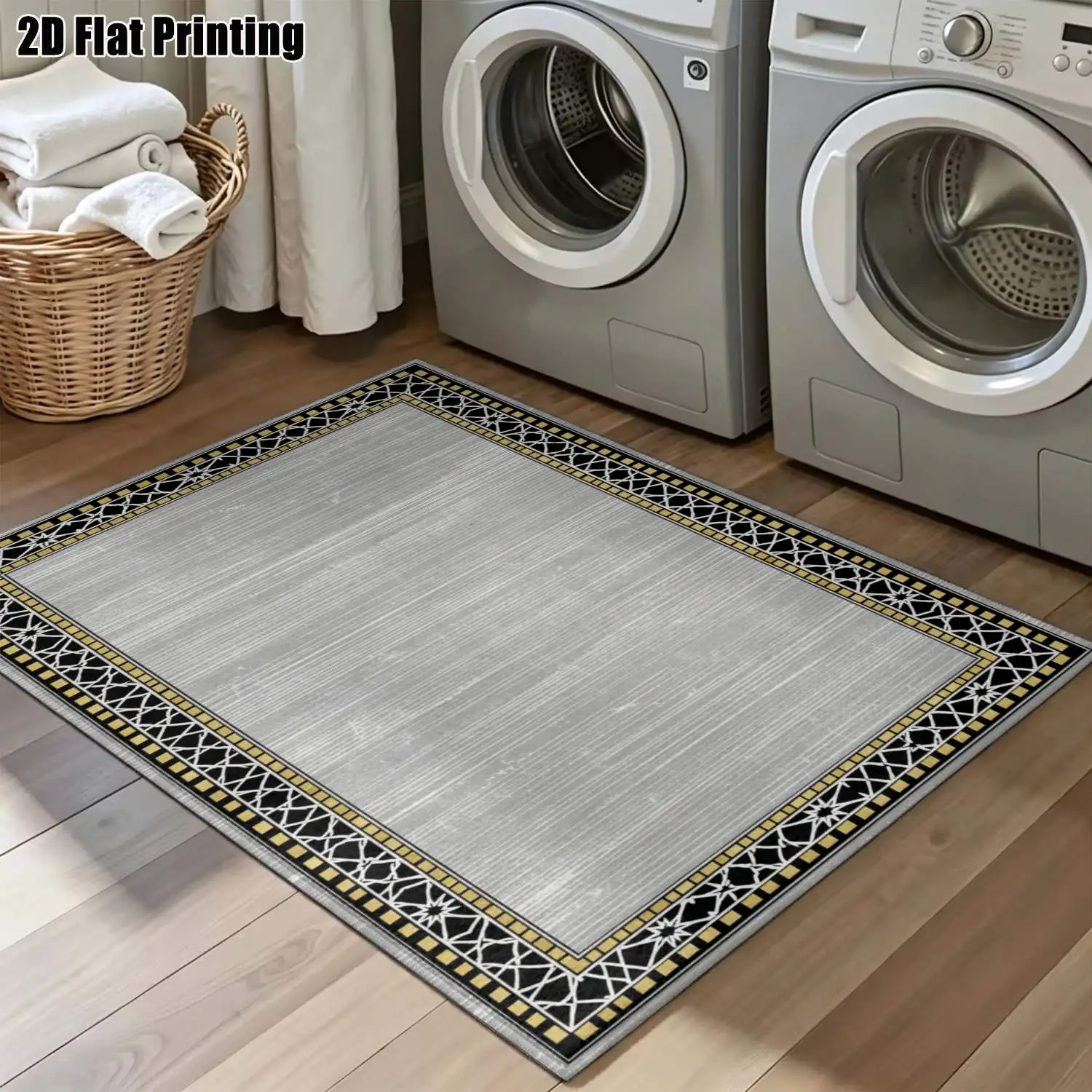 1Pc 2D Printed Carpet: Black-White Geometric Border, Vintage/European/Minimalist Geometric Striped, Machine Washable Multi-Size Home Decor Mat for Entryway, Dining Room, Foyer, Living Room, Bedroom, Study