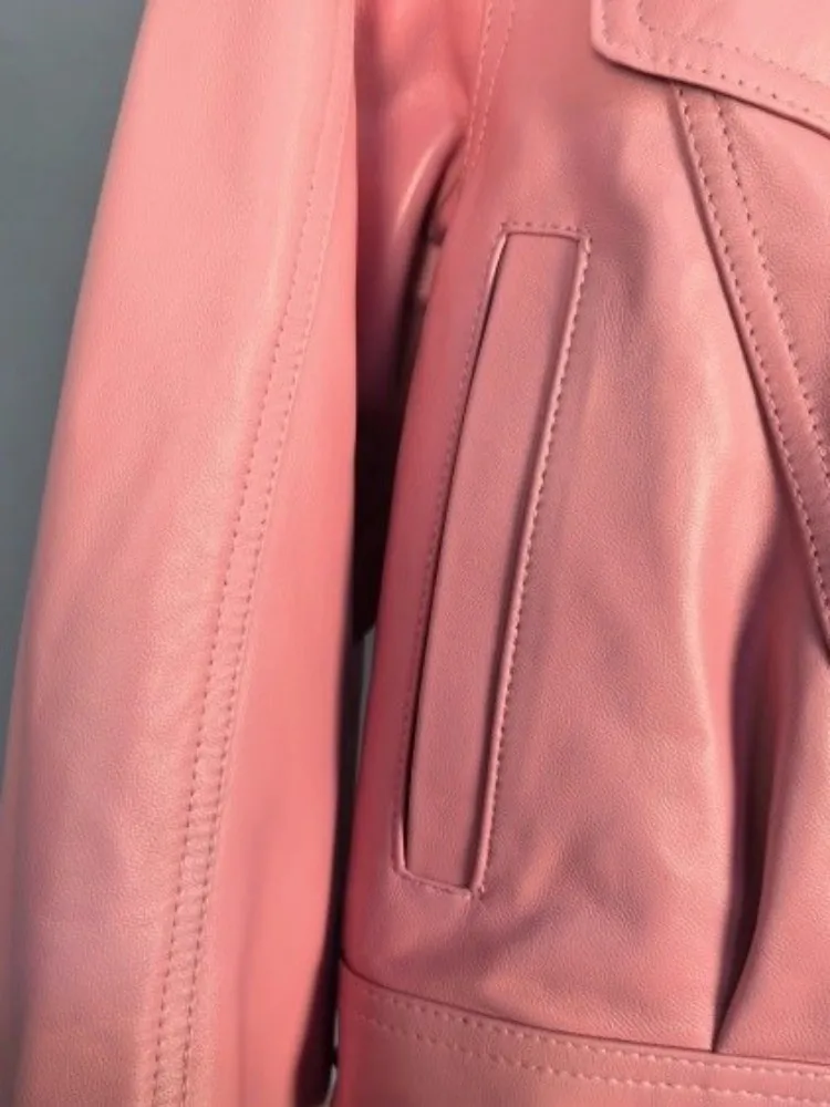 Giacca da donna in vera pelle primavera manica lunga rosa Sheespkin streetwear colletto couverture personalità signora moto cappotto corto