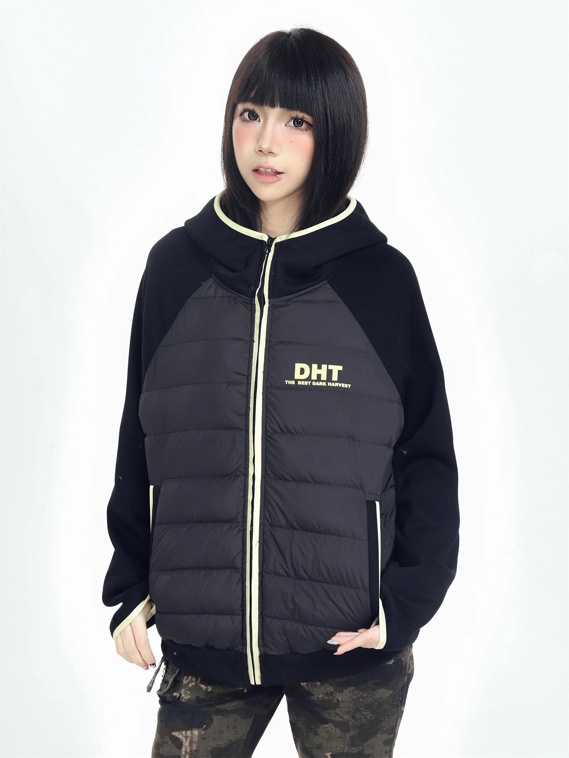 

KESOAK Casual Sle Patchwork Hooded down Jaet Lightweight Warm Polyester Fiber White Du down Filling Coat for Men And Women