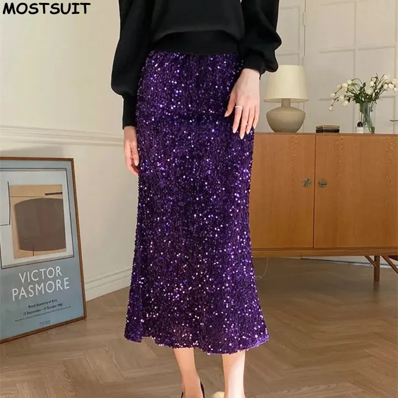 Pailletten Meerjungfrau Rock für Frauen elegante Mode stilvolle schicke elastische Taille schlanke Bleistift lange Röcke Frauen Kleidung koreanischen Stil