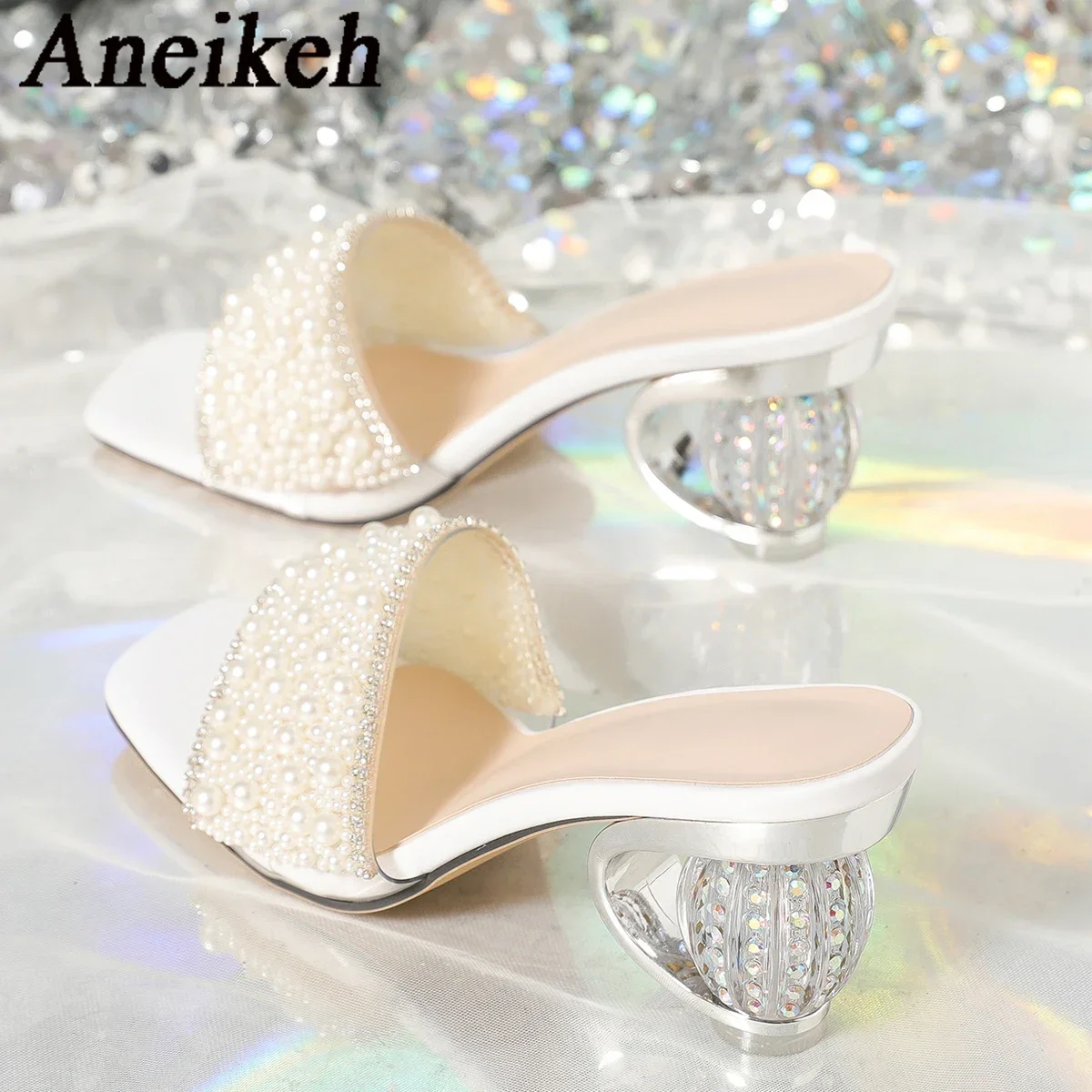 Aneikeh White Pearl Shiny Sandals Slippers Women Transparent Thick Bottom Party Dress Mules High Heels 2026 Summer Heeled Beach image 6