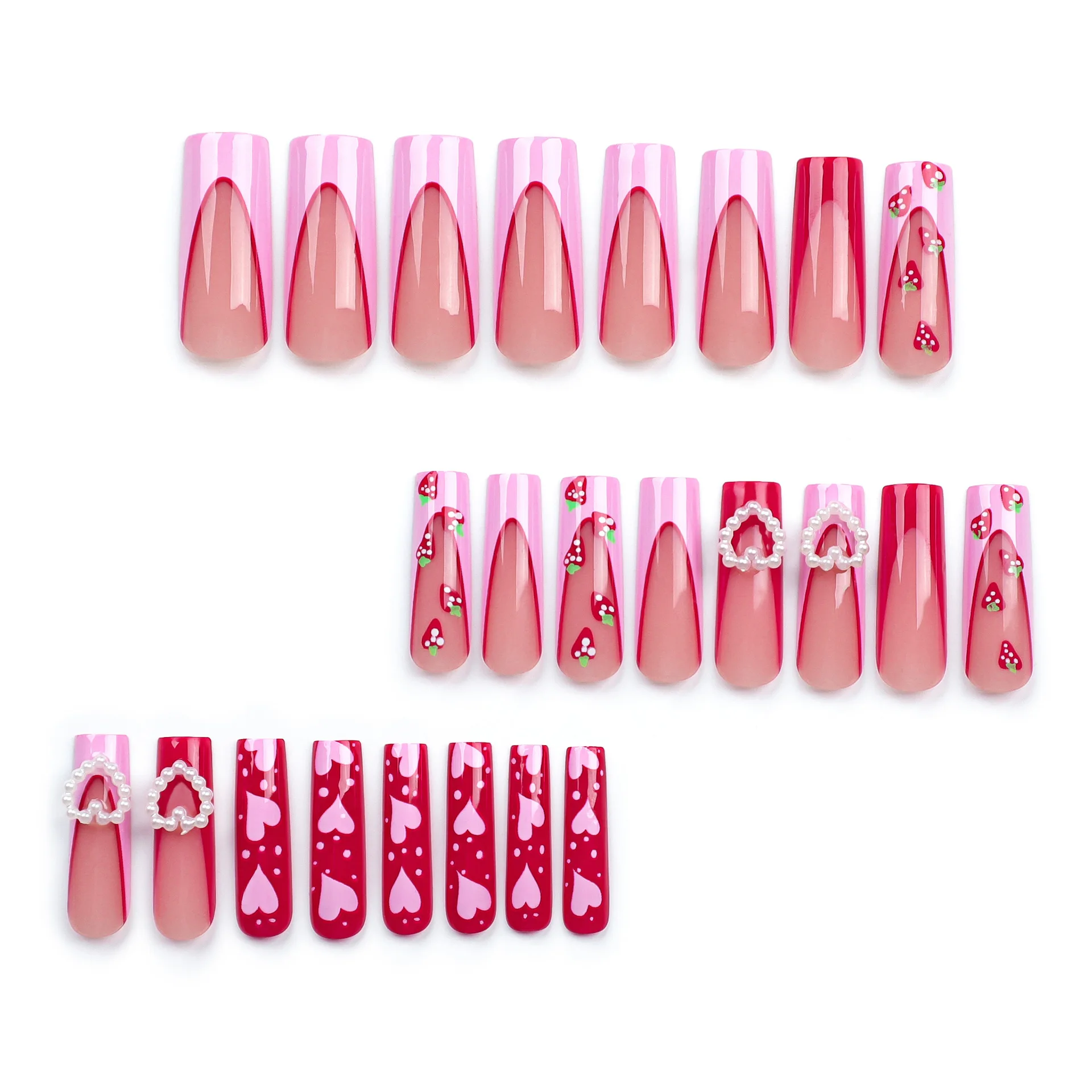 24Pcs Long Square Press on Nails Pink Love Heart Design Pearl Strawberries False Nail French Wearable Full Cover Fake Nail Tips