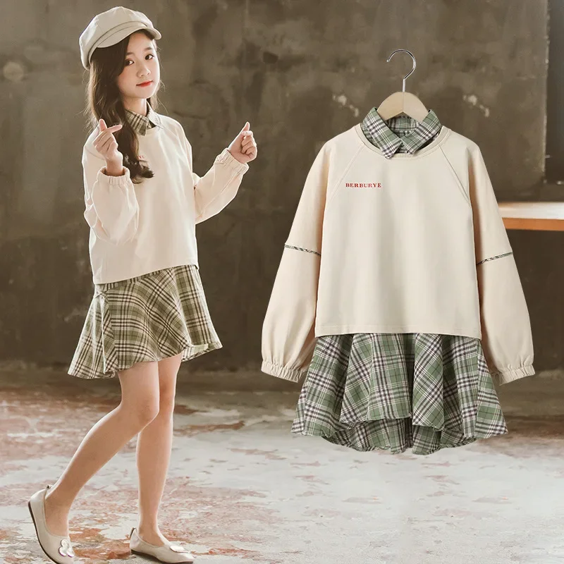

Корейский весенне-осенний Детский костюм для девочек, комплект из двух предметов для девочек-подростков, топ с круглым вырезом и принтом, платье для начальной школы, комплекты для девочек-подростков, 2024
