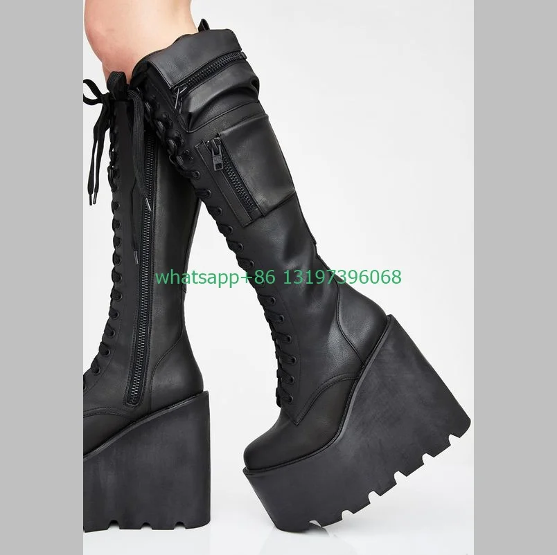 Lady Gothic style black wedges heel knee boots platform punk style lace-up high heels boots zip black PU dance boots size 35-46