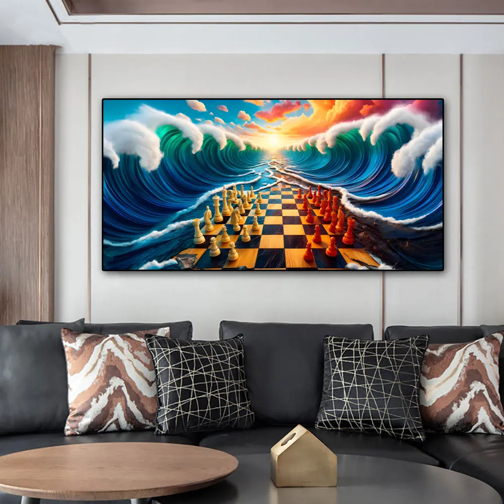 Abstract Chess Board in the Ocean Waves Poster, Canvas Wall Art Painting Print, Motivational Pictures for Office Room Home Decor