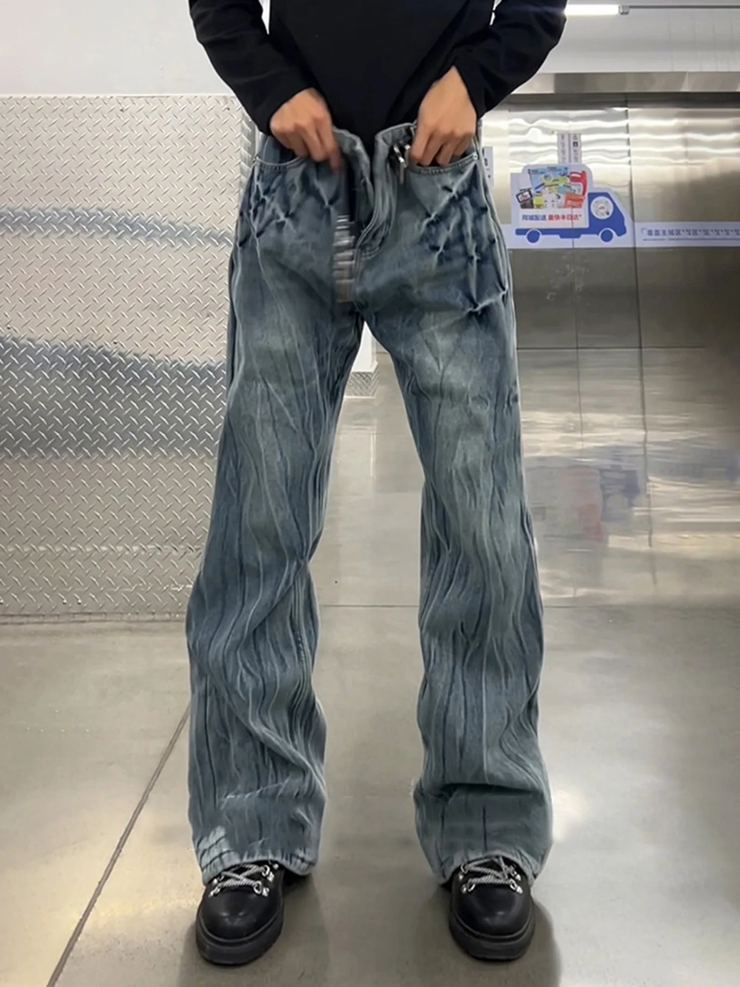

Blue Lightning Pattern Men's Jeans Fce Lined Slim Fit Extended Length American Sle Jeans Narrow Version Not Tight Leg Mi...